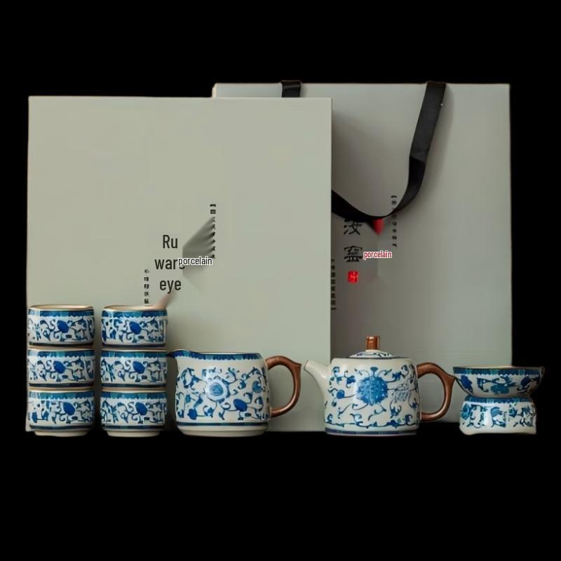 Tao Ding Xuan Floral Blue & White Ru Kiln 10-Piece Tea Set