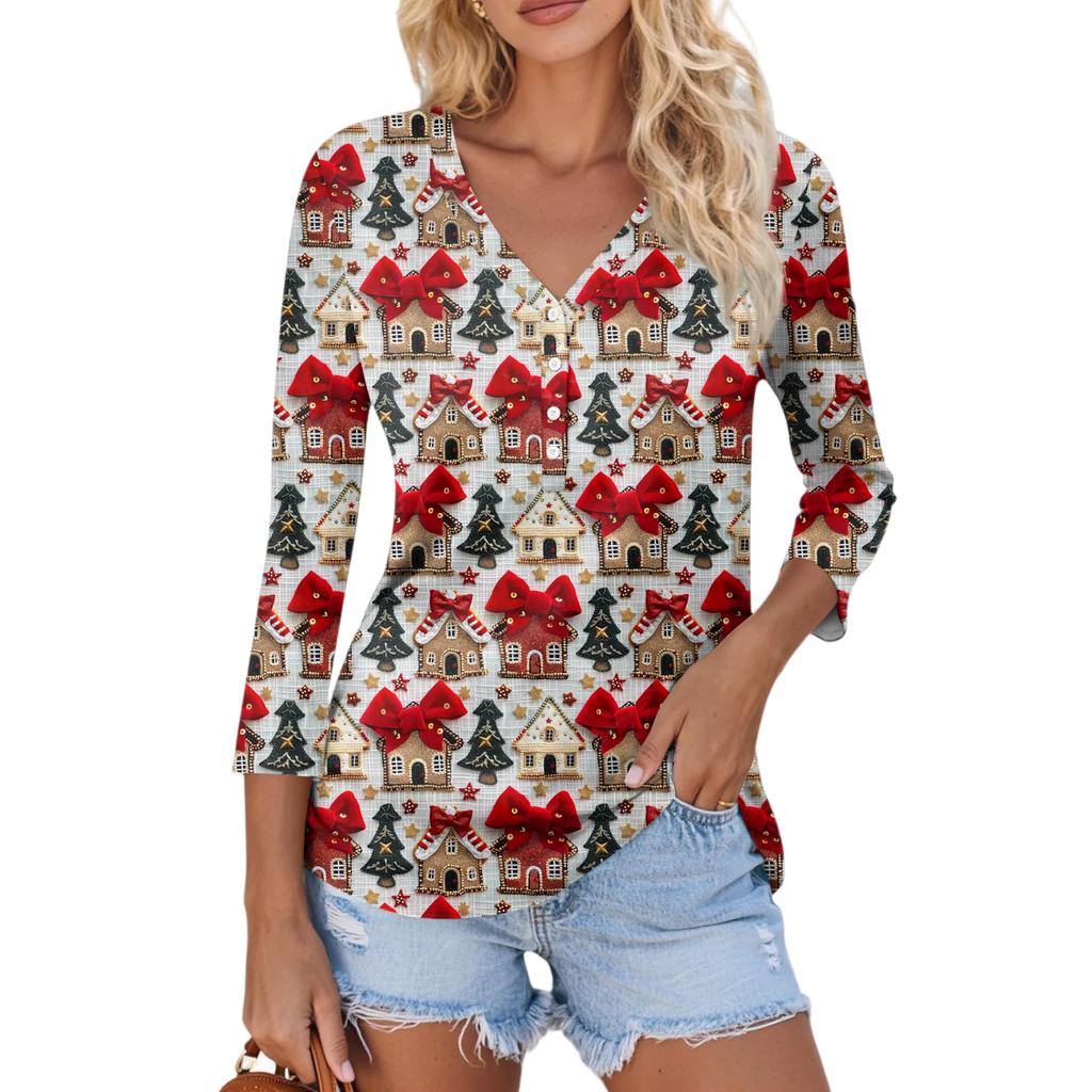 Women's Casual Fashion Sexy Comfortable Christmas Print V-Neck Button Three-quarter Sleeve Top