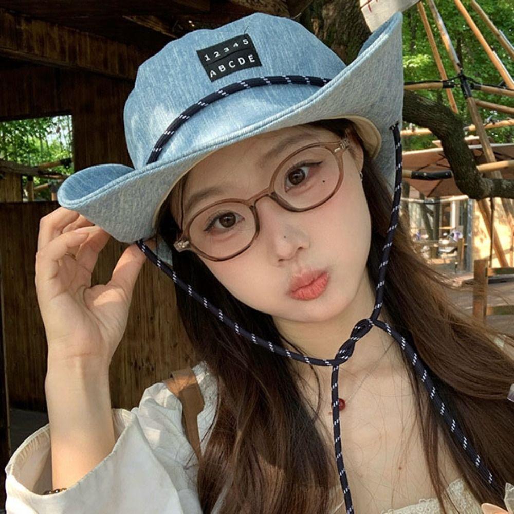 Lightweight Western Cowboy Hat Wide-Brimmed Sun Protection Basin Cap Denim Bucket Hat  Travel