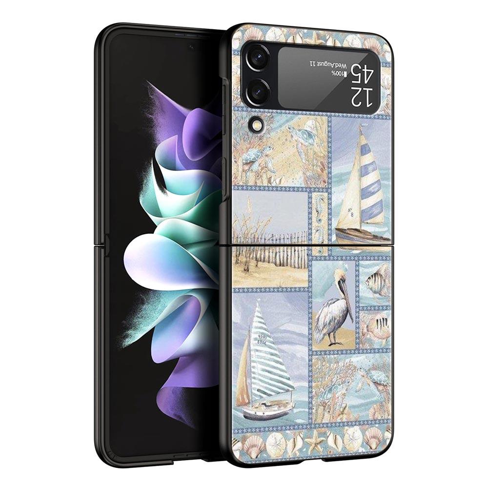 Ocean Coastal Seashell Seaweed Pattern Hard PC Phone Case For Samsung Galaxy Z Flip 7 6 5 4 Black Cover For Galaxy Z Flip3 Shell