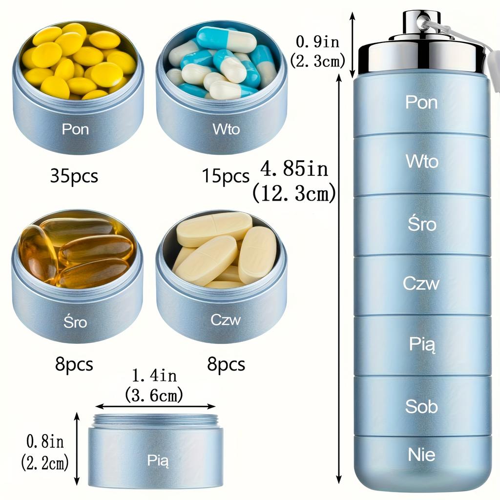 [Polish printing]Metal Travel Pill Organizer, Portable 7 Day Vitamin Organizer Stackable, Waterproof 1 Times A Day Pill Box