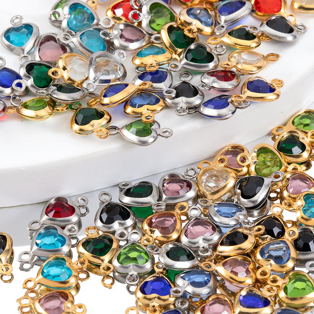 10pcs Glass Heart Pendants Base Stainless Steel Double Hole Colorful Crystal Charms Connector for DIY Necklace Jewelry Makings
