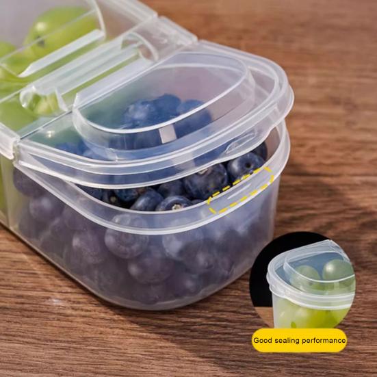 600ML Food Storage Box Transparent Two Compartments 90 Degree Opening Lid Stackable Fridge Organizer Picnic Vegetable