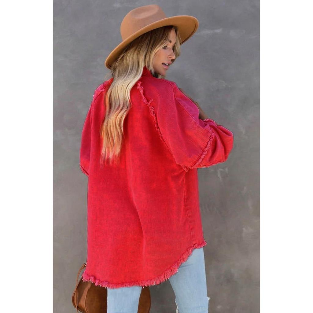 Long Sleeve Denim Jacket Women Washed Raw Edge Mid-Length Loose Jacket