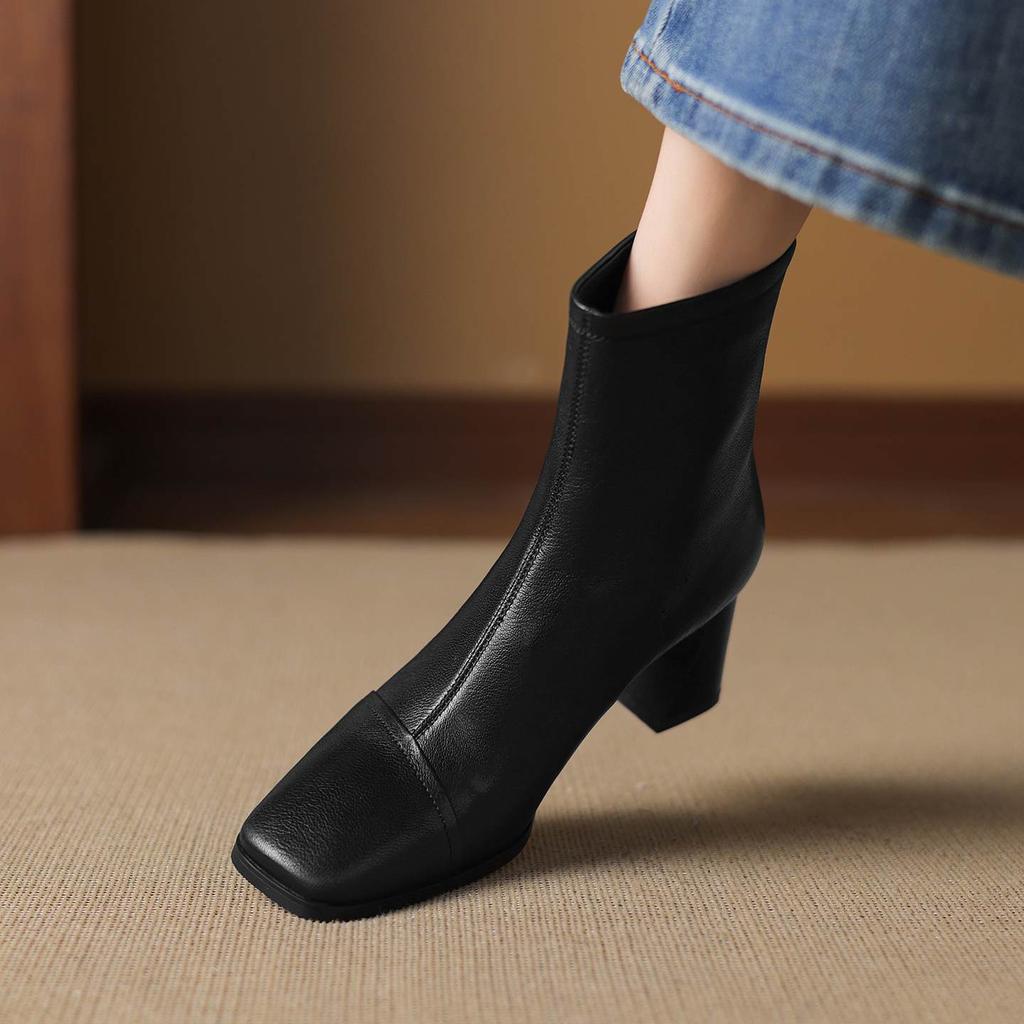 Krazing Pot Sheepskin Winter Square Toe Modern Boots Thick High Heels Zipper Women Ankle Boots