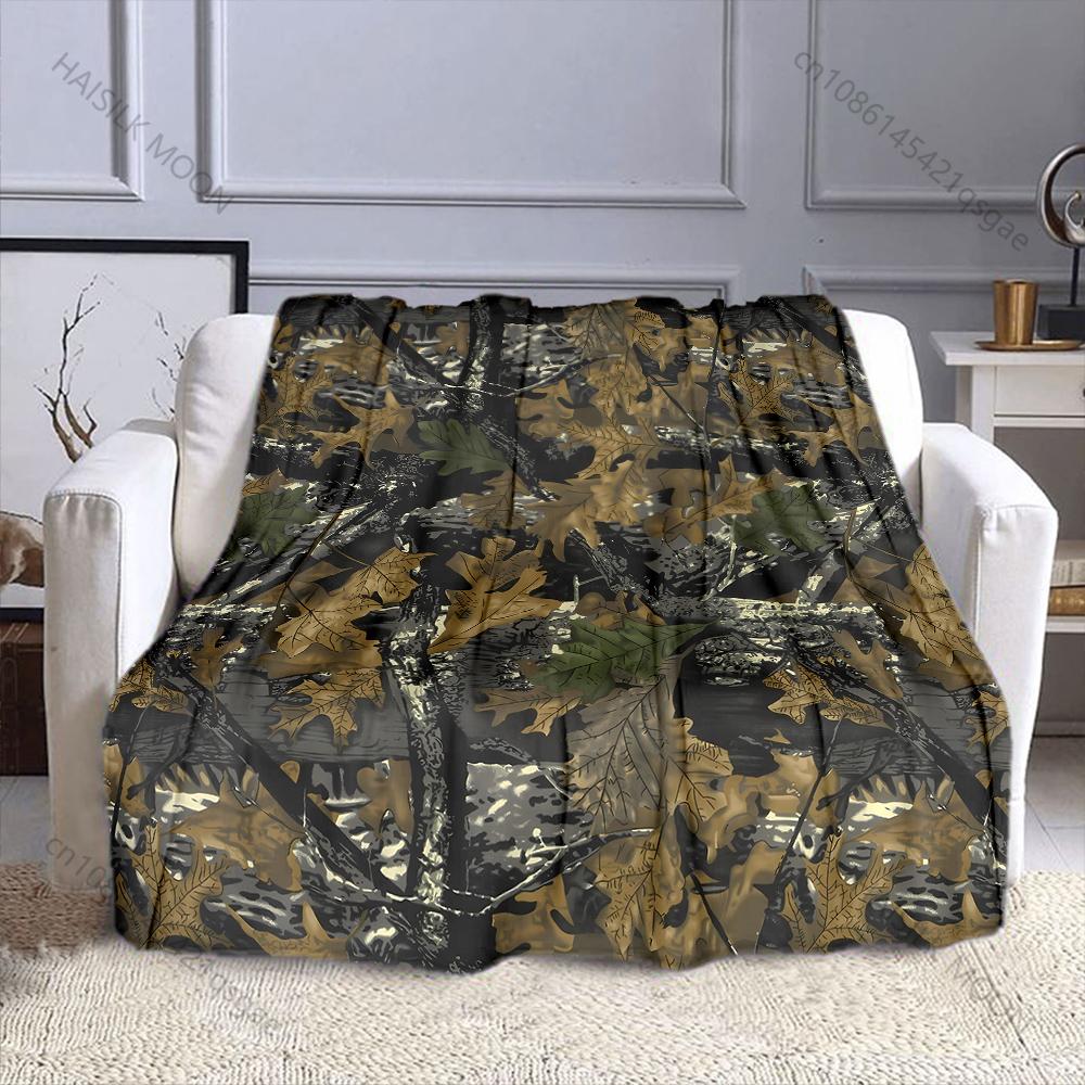 Realistic Camo with Leaves. Pattern Blanket Flannel Material Soft Warm for All Seasons, Home Outdoor Camping Picnics RV Gifts