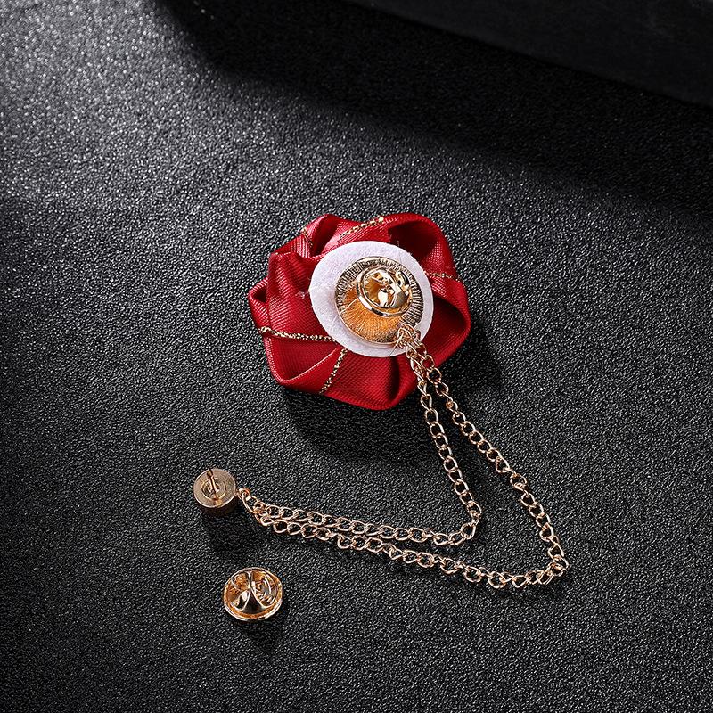 Men Wedding Brooches Cloth Art Handmade Rose Flower Brooch Lapel Pin Badge Tassel Chain Men'S Suit Accessories Groom Boutonniere