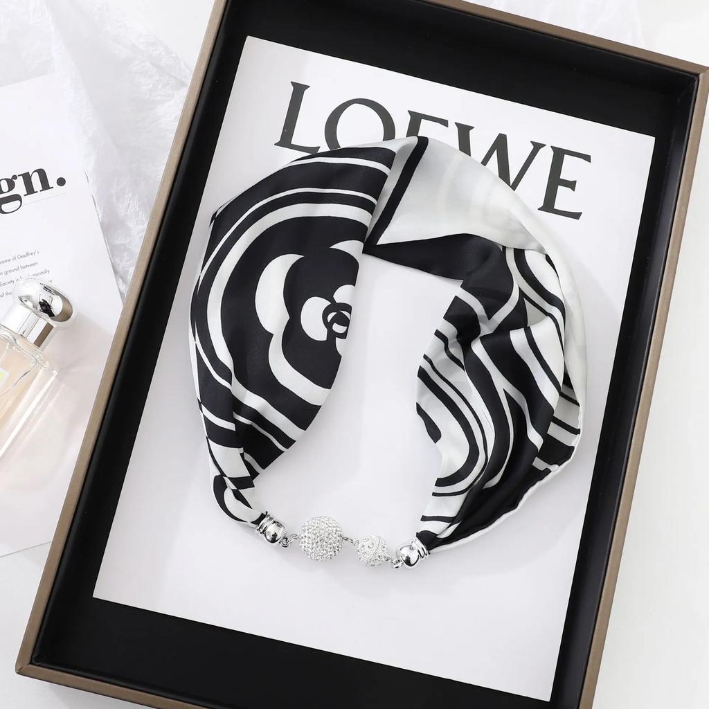 Fashion Magnet Buckle Neckerchief Solid Silk Scarf Women Skinny Headband Hand Wrist Bag Scarves Print Necklace Accessories