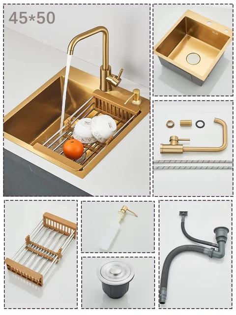 304 Stainless Steel Brushed Waterfall Kitchen Sink 4-Hole Large Single Slot Integrated Faucet Set Soap Dispenser/Pure Water/Cup