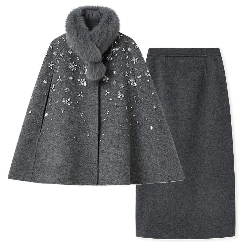 New Chinese winter new embroidered wool bead fox fur collar cape double-sided woolen skirt set NY117