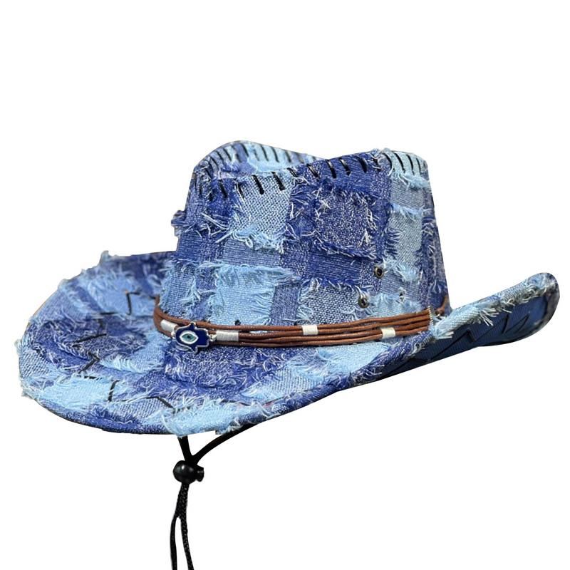 

GEMVIE Unisex Wide Brim Western Cowboy Hat Women Men Sun Protection Cowgirl Hats with Windproof Rope 56-58cm синій