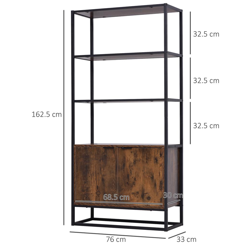 Industrial Bookshelf, Storage Shelf, Large Bookcase with 3 Open Shelves, Multifunctional Rack for Living Room, Office, Rustic Brown and Black