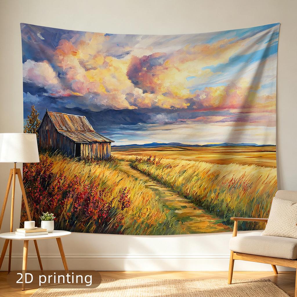 Colorful Landscape Tapestry Wall Hanging Art for Farmhouse Decor Rustic Barn Field Sky Scenic Print Polyester Material Home Deco