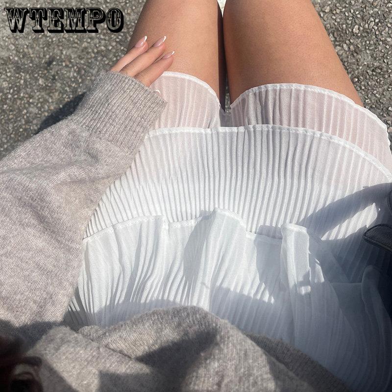 WTEMPO Sommer Frauen Elastische Taille Mini Röcke Damen Chiffon Casual Solide Kuchen Röcke Weibliche Schwarz Weiß Kurzen Plissierten Rock