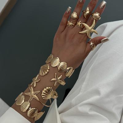 Fashion Style Metal Starfish Scallop Shell Bracelet, Design Sense Geometric Opening Bracelet Set Women
