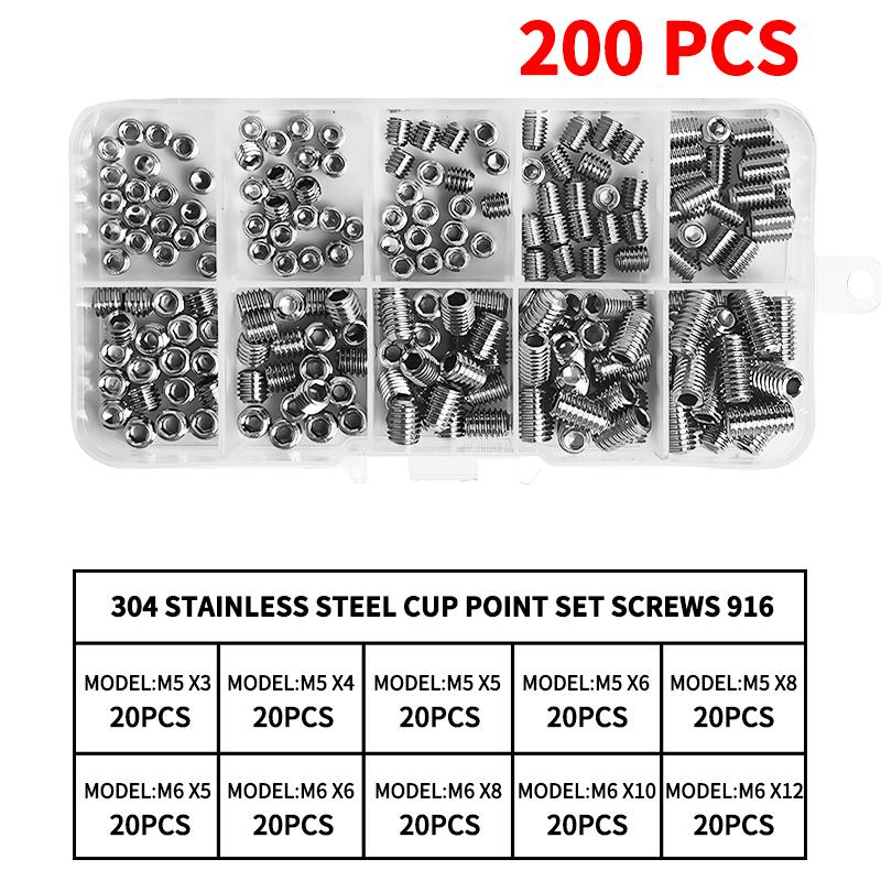 304 Stainless Steel Cup Point Set Screws Kit, Hex Socket Allen Key Grub Screws Assortment , M3 M4 M5 M6 M8 M10 Sizes, DIN 916