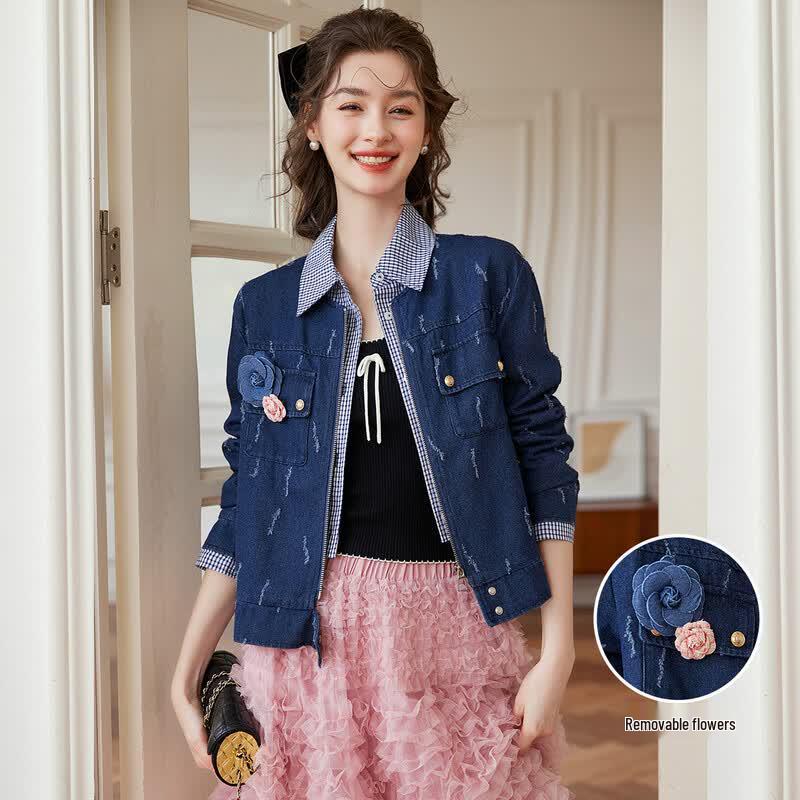 Bailuyu Detachable Floral Faux Two-Piece Patchwork Denim Jacket M