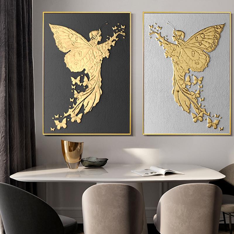 Abstract golden foil poster with butterfly and angel, modern home decor, canvas, painting, minimalist art poster and prints for the living room