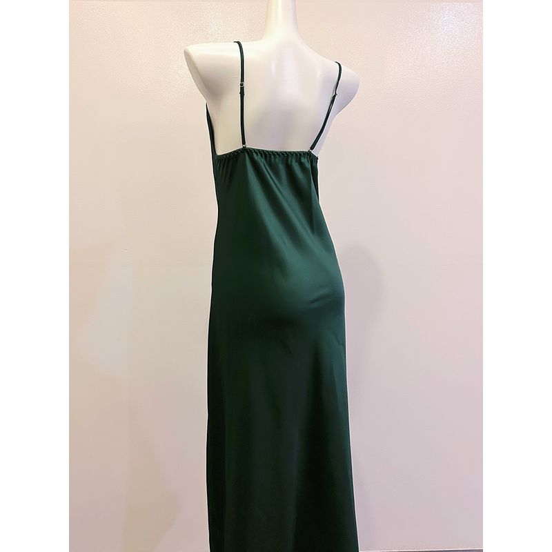 Good Morning with You Sexy French Style Swing Collar Dark Green Slip Nightdress Long to Ankle Satin Ice Silk Mermaid Dress Female