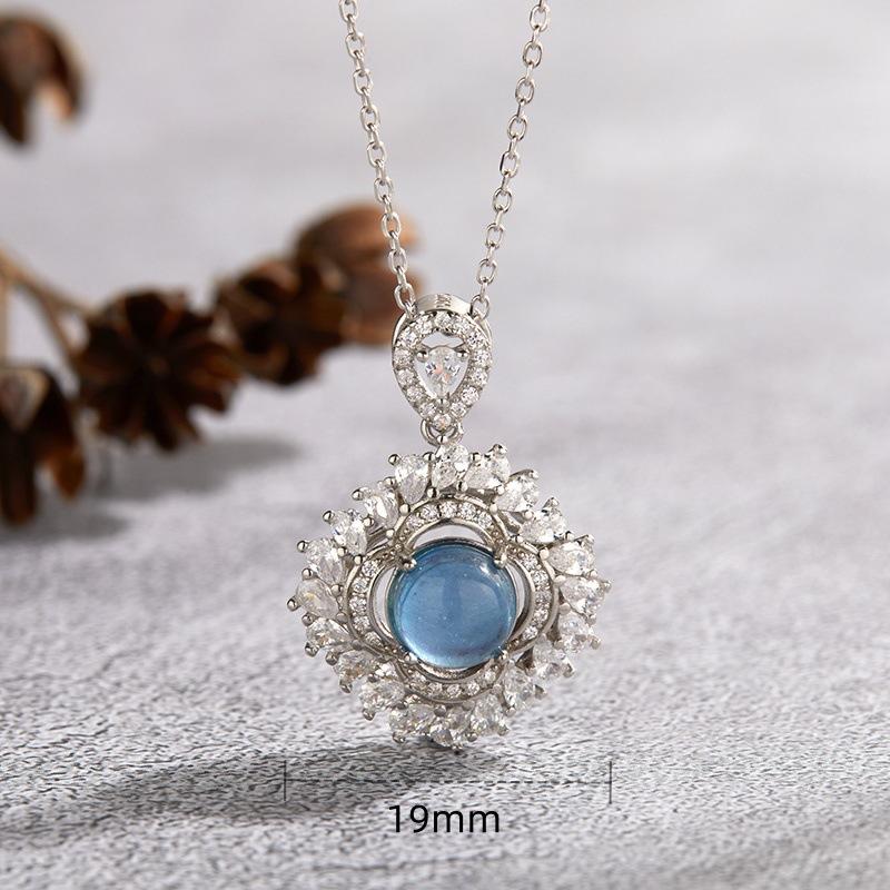 French Design S925 Sterling Silver Natural Aquamarine Color Treasure Necklace Women'S Personality Pendant Fashion Clavicle Chain