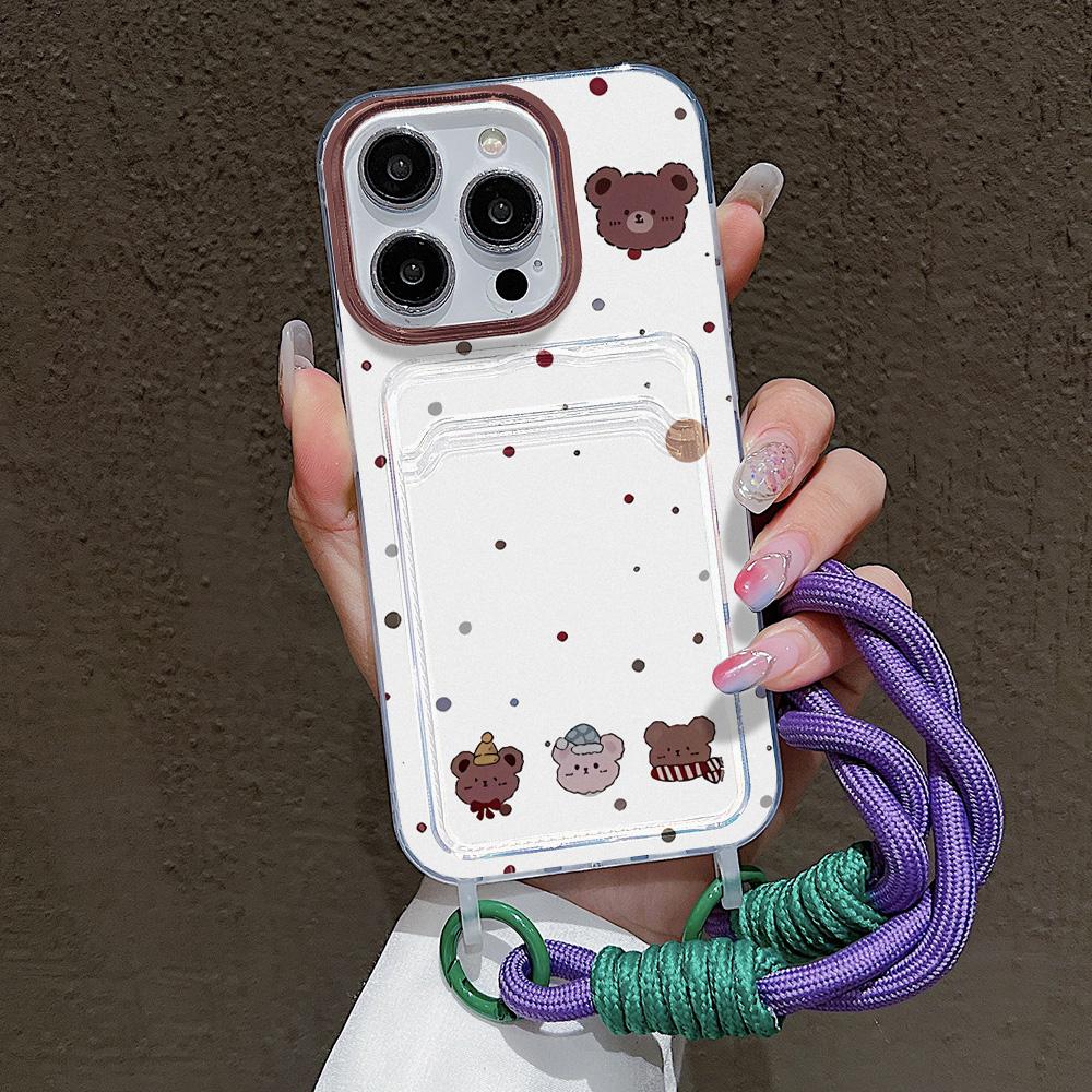 Cute Cartoon Bear Hang Chain Lanyard Phone Case For iPhone 13 11 12 14 15 16 Pro Max 7 8 Plus XR XS X SE  Card Holder Cover
