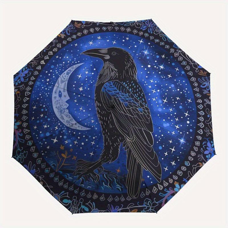 Enchanted Raven Moon Tapestry: Mystical Night Sky Wall Hanging Umbrella, Cute Umbrella with Cute Design, Portable 3-Fold Compact Umbrella for Men & Wo