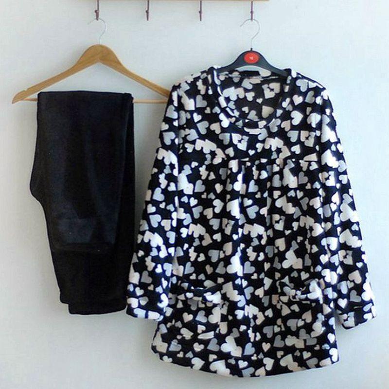 

Special Offer Women Patchwork round Neck Soft Coral Velvet Pajamas Black Heart XL