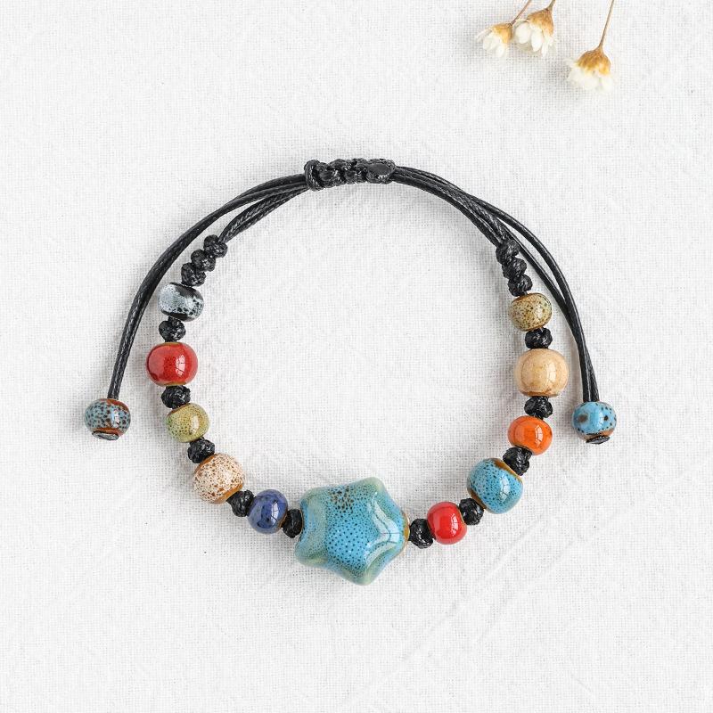 Kaseakia Handmade STAR Vintage Ceramic Stone Beads Wax Cord Adjustable Beaded Bracelets Bohemian Boho Jewelry for Women