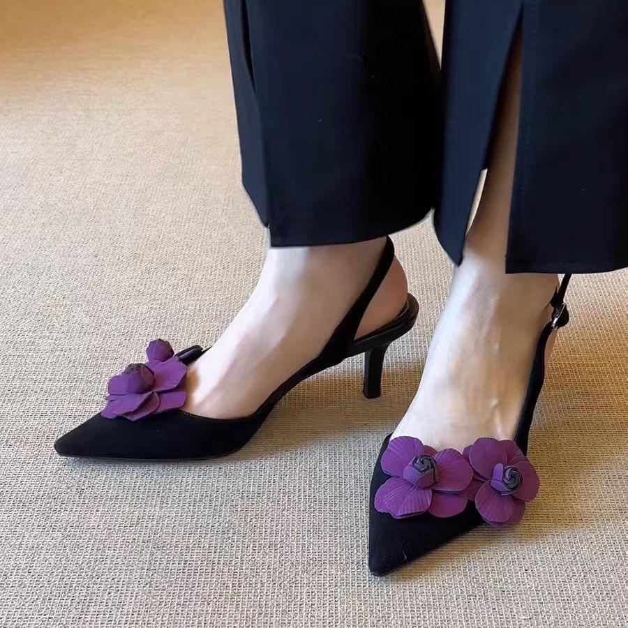 Baotou sandals Korean version pointed head shallow mouth thin heel empty sandals women's spring and summer new flower high heel Baotou women's sandals