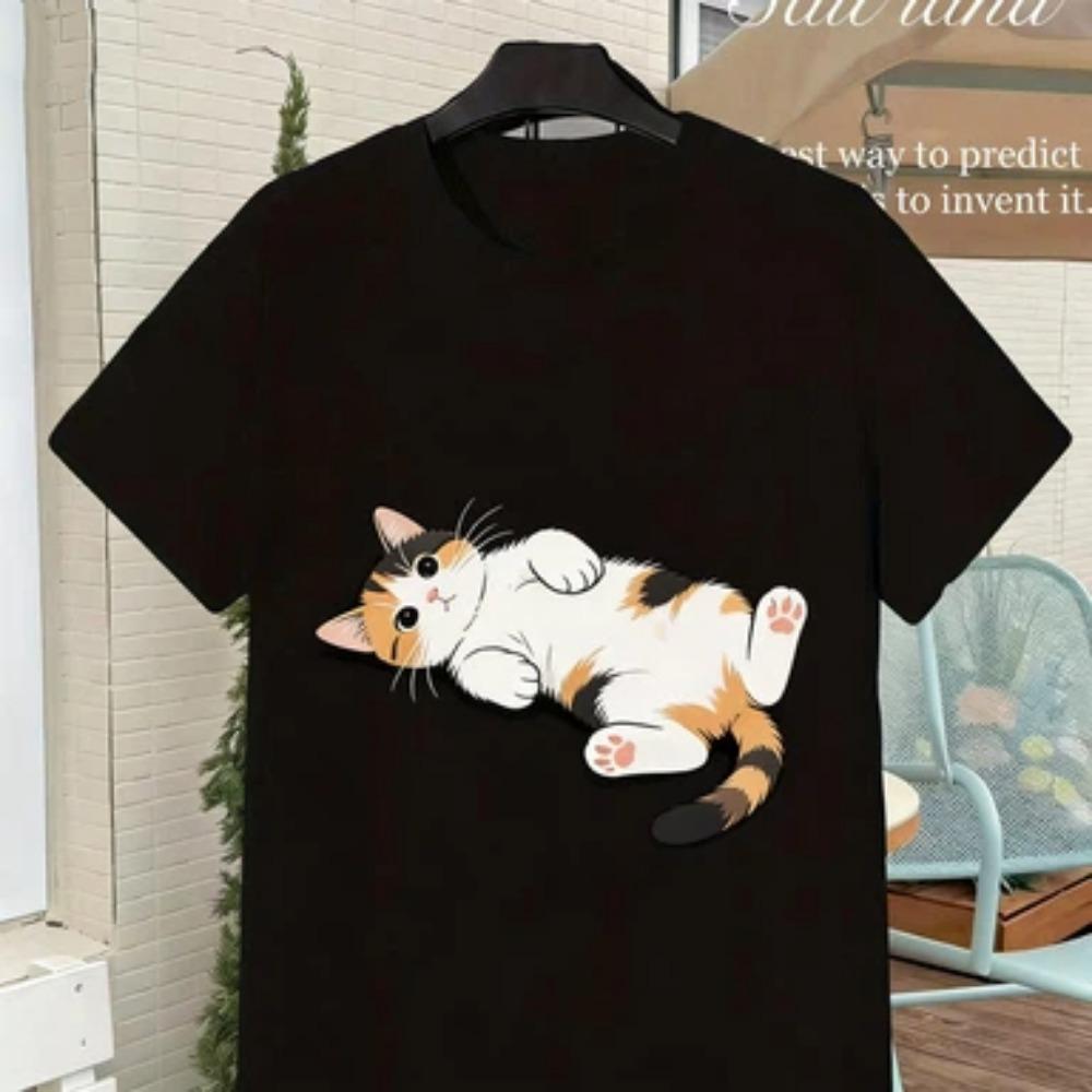 Retro Y2K Tuxedo Cat Print T-Shirt, Soft Breathable Crew Neck Short Sleeve Tee for Men Women, Casual All-Season Wear, Christmas Gift S