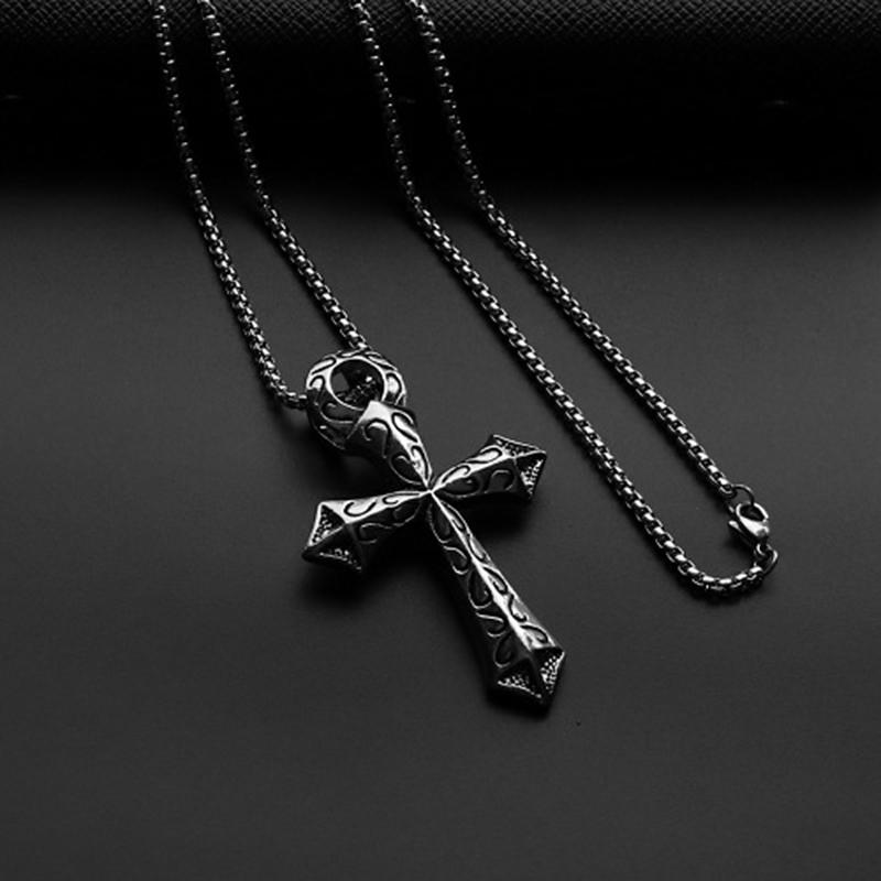 Street Trendy Men's Necklace Vintage Figure Cross Pendant Hiphop Rock Copper Color Stainless Steel Chain Fashion Women Jewelry