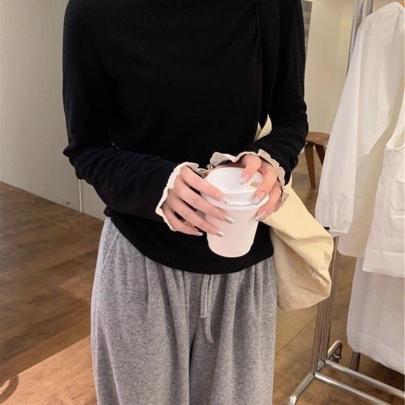 Women's Stylish Thermal Fleece Long Sleeve Lace T-Shirt, Slimming Warm Base Layer, Half-High Neck, Perfect for Autumn/Winter.