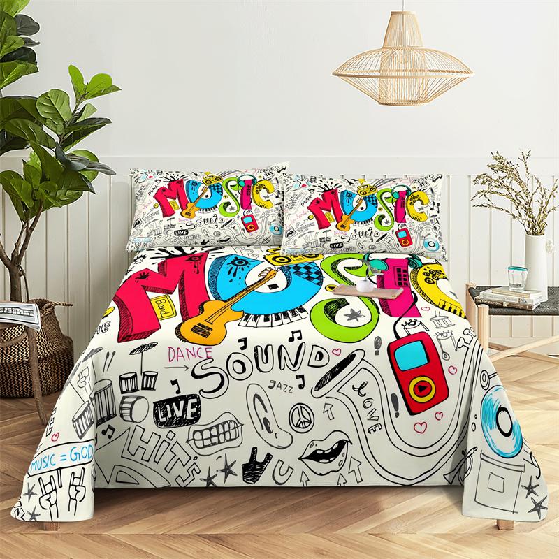 Lover Partner Bedding Sheet Fashion Printing Polyester Queen King Bed Flat Sheet with Pillowcase Print Bedding Set Bed Sheet