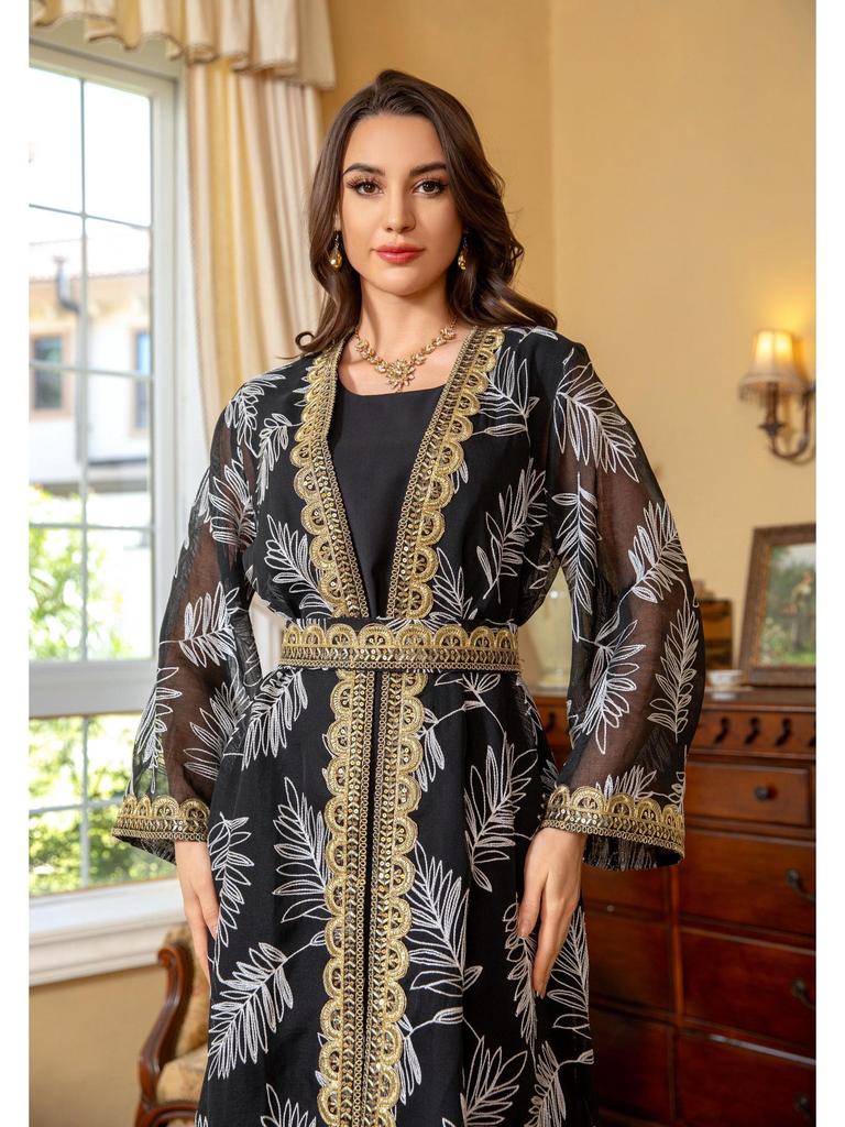 AB363 Dubai Eid al-Adha Mesh Embroidery Patchwork Muslim Two-Piece Set
