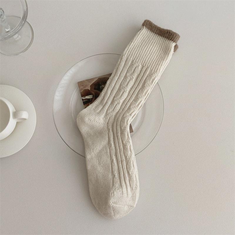 Autumn and Winter Color-blocking Socks, Women's Mid-calf Socks, Thickened Wool Socks, Warm and Retro Pile Socks