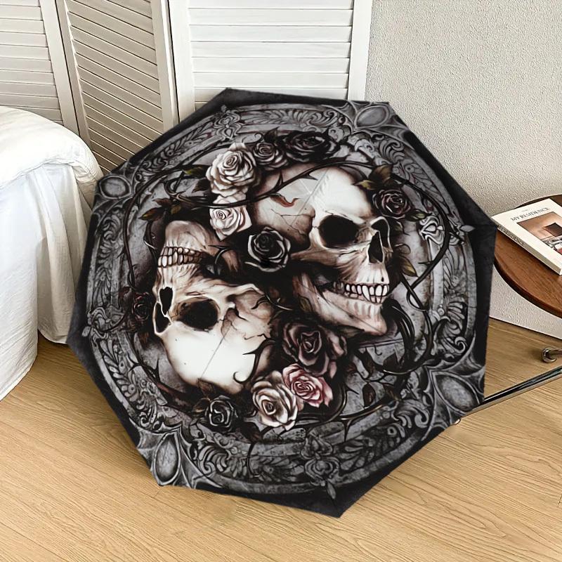 1 Stück Kreisförmiger Regenschirm mit Totenköpfen und Rosen und Kunststoffgriff, Geeignet für alle Jahreszeiten, Zuhause, Reisen, Outdoor-RegenschirmDD051
