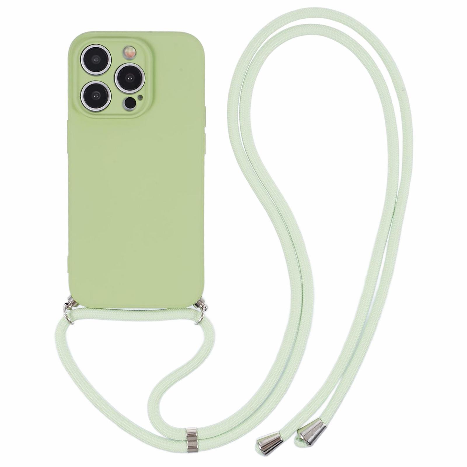

For iPhone 15 Pro Case Candy Color Rubberized Phone Cover with Long Lanyard Matcha Green