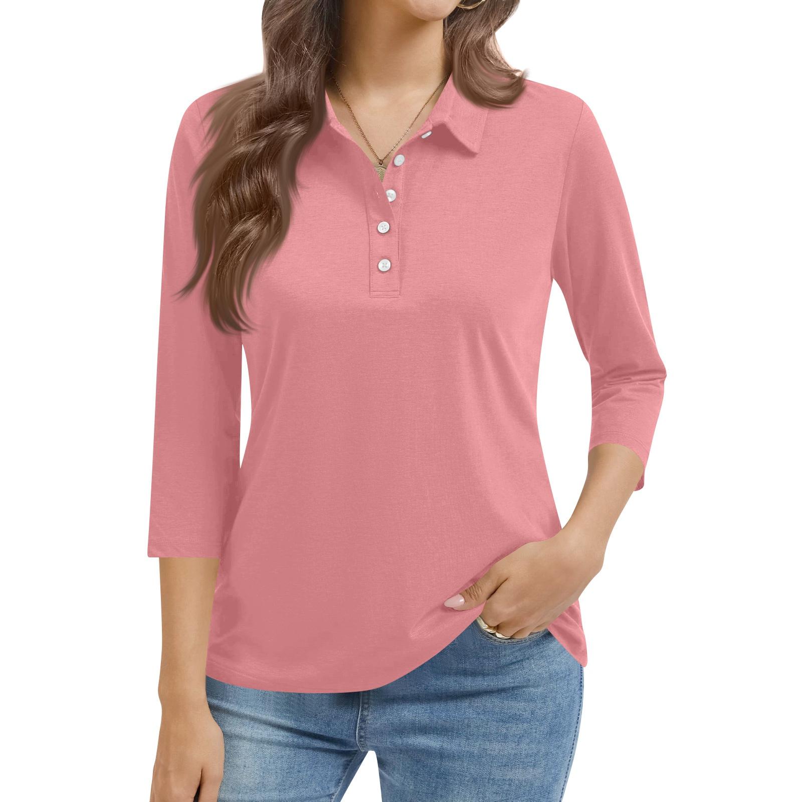 

Women s Fashion Casual Lapel Short 3/4 Sleeve Color Shirt Women s Button Up Tops XL