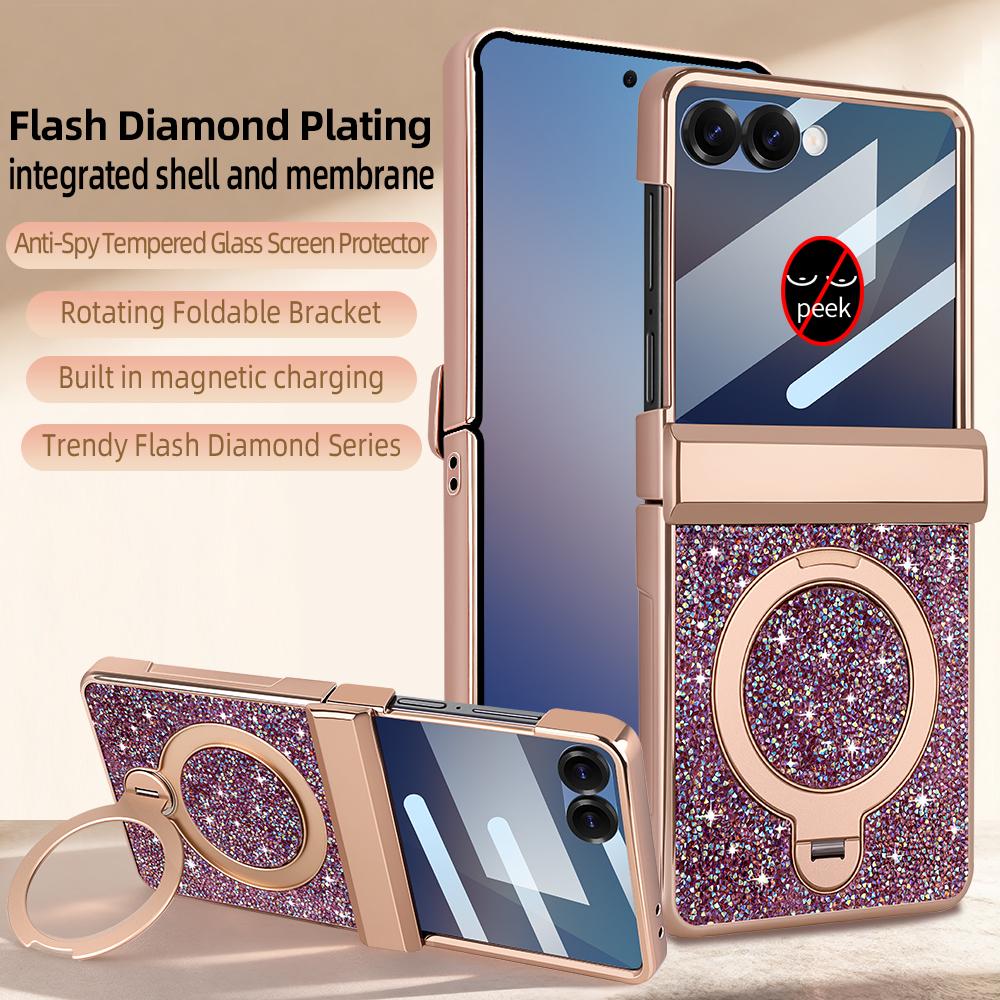 360 Rotating Bracket Luxury Magnetic Case for Samsung Flip 7 6 Full Protection Tempered Glass Screen Protector Kickstand Cover