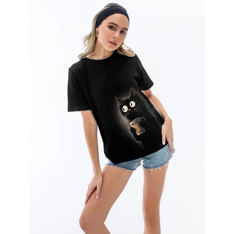 Top de vară cu gât rotund și imprimeu 3D cu pisică, tricouri de damă la modă și casual cu mânecă scurtă