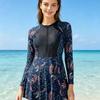 Womens Long Sleeve UPF 50 Rash Guard Swimsuit With Skirted Design Floral Print Conservative Full Coverage Bathing Suit