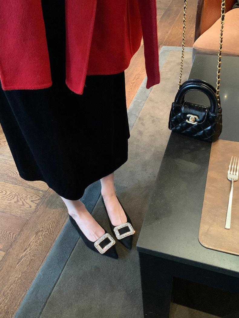 

Sheepskin version of spring and autumn French celebrity style temperament square buckle rhinestone single shoes women s pointed flat shoes genui 35