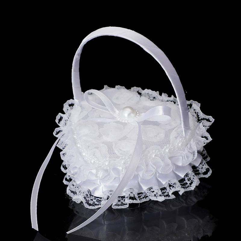 WTEMPO Elegant Wedding White Flowers Baskets Lace-trimmed Wedding Baskets Hand-held Flower-scattering Large Fake Flowers Decor Small Baskets
