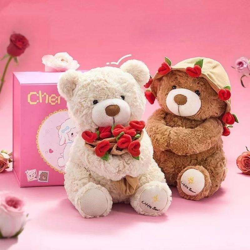 30CM Höhe Romantischer Rosenbär Plüschtiere Abnehmbare Rosendecke Bouquet Bärenpuppe Liebliche Begleitpuppe Süßes Geschenk für Mädchen