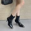 Single Boots Rose Park Caiying Medium Boots Sexy Metal Square Head Spring and Autumn Martin Boots Patent Leather Black Short Boots Women