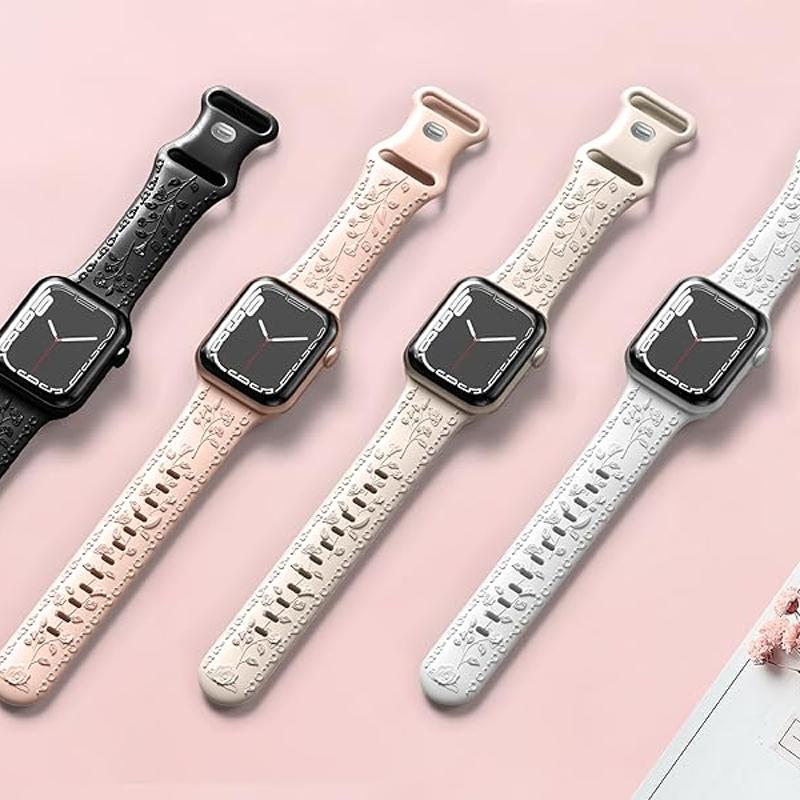 Engraved Strap For Apple Watch Band 42mm 44mm 45mm 41mm 40mm 49mm Silicone Floral Bracelet Correa Series 8 9 7 SE 4 5 6 Ultra 2