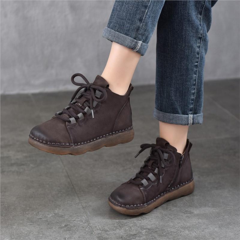 Johnature Genuine Leather Women's Shoes Soft Cowhide Round Toe Retro Soft Soled Flat Short Boots