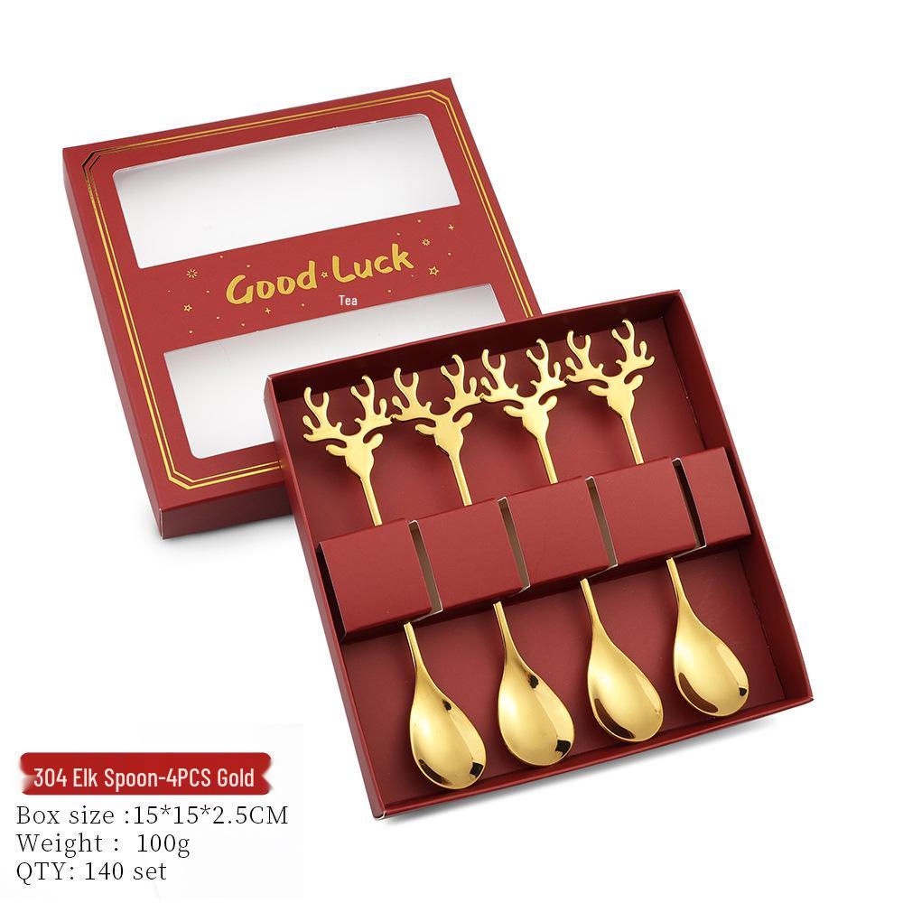 Reindeer-Themed 304 Stainless Steel Coffee and Dessert Mixing Spoon Gift Set In Cute Christmas Box