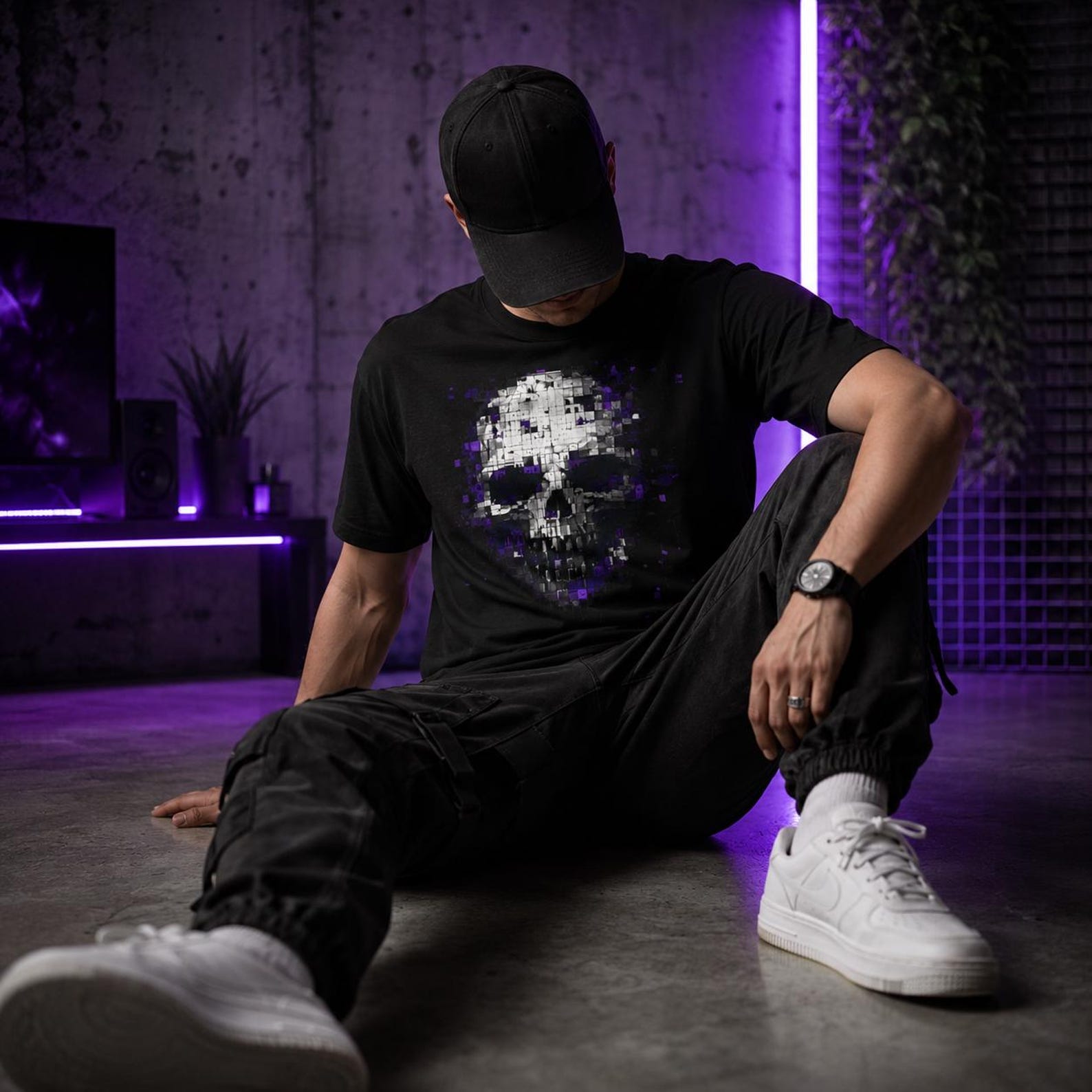 Pixelated Skull T-Shirt | Digital Grunge Skull Tee, Glitch Art Graphic XL