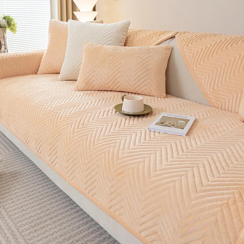Thickening Short Plush Quilted Sofa Cover Non-slip Chevron Sofa Cover Universal Sectional L-shaped Couch Cover Backrest Towel